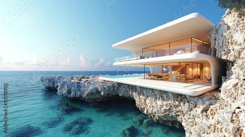 A strikingly angular  all-white home perched atop a cliff  commanding panoramic views of the ocean below.