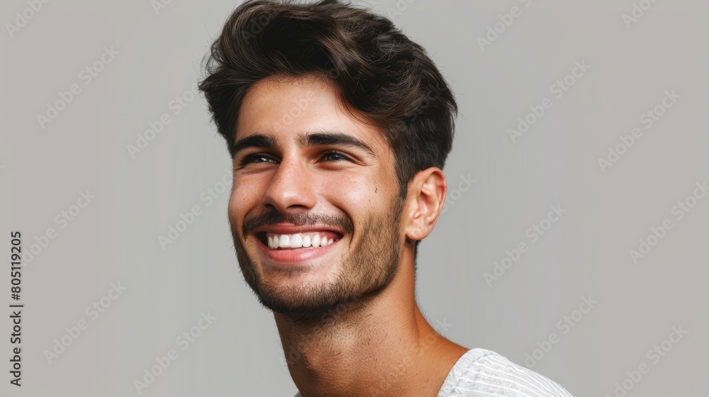 Obraz premium Close-up portrait of a handsome man with a happy smile looking to the left sideways in studio, isolated on transparent background hyper realistic 