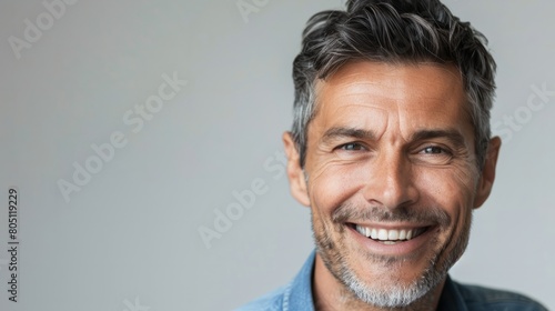 Closeup portrait of handsome smart-looking smiling with toothy smile male posing for social advertisement, isolated on white background with copy space for your promotional information or content. photo