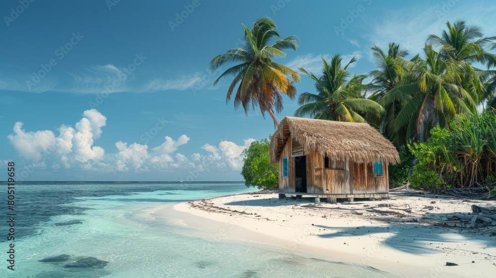 Charming Beach Hut Set Against the Backdrop of a Lush Tropical Landscape Charming Beach Hut Set Against the Backdrop of a Lush Tropical Landscape