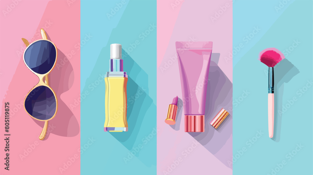 Four of female accessories and cosmetics on color background