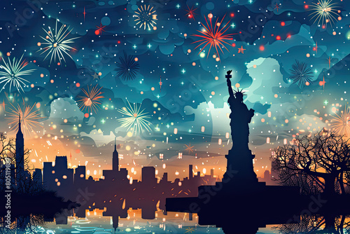 The Statue of Liberty stands proud against a bright sky filled with fireworks and salutes during July 4th Independence Day celebrations in New York City photo