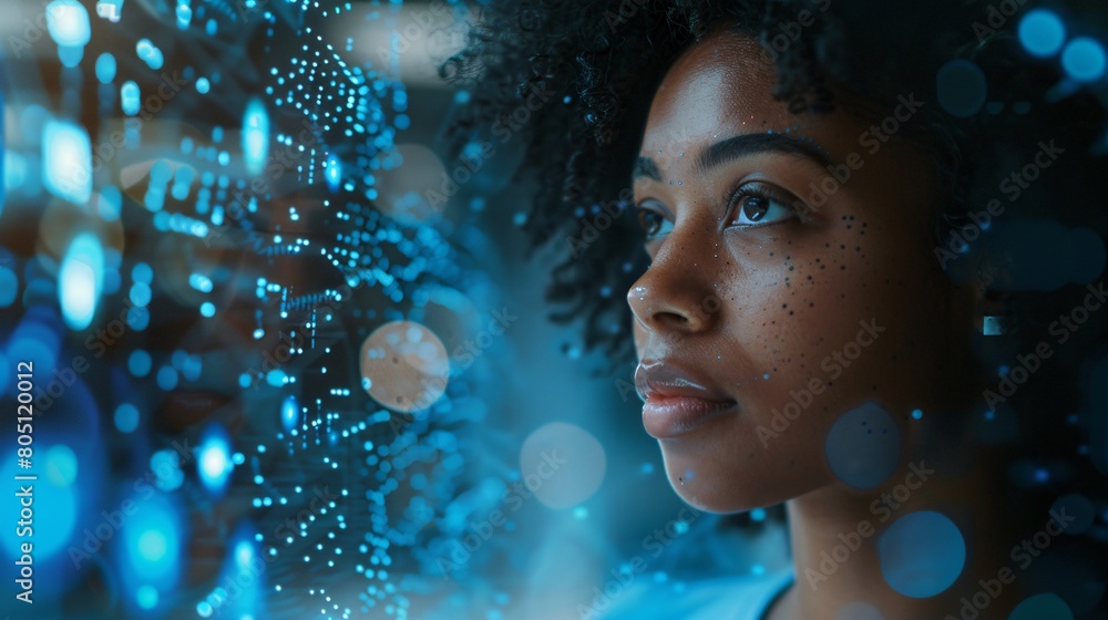 AI cybersecurity concept with digital overlays, an African American female IT specialist analyzing data streams on a blue tech interface, with matrix visuals, and copy space. AI cybersecurity concept with digital overlays, an African American female IT specialist analyzing data streams on a blue tech interface, with matrix visuals, and copy space.