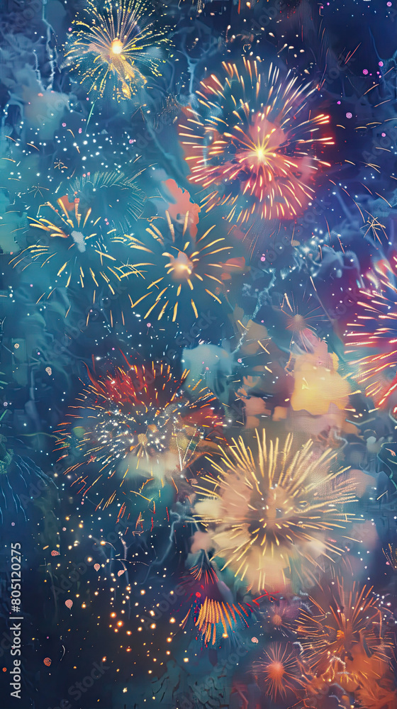 Colorful fireworks of various colors explode in the dark blue sky, creating a festive and joyful atmosphere