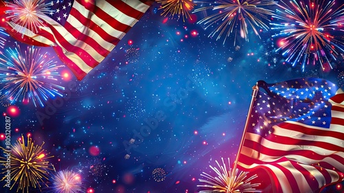 American flag with fireworks on background, symbolizing American Independence Day or other national holiday photo