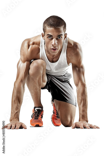 Muscular male runner in white tank top, poised at the start, isolated on transparent background