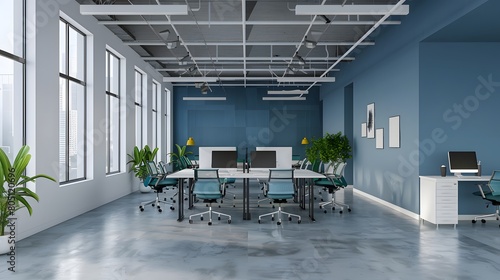 Contemporary Office Interior with White and Blue Open Space Design  Modern office space with a sleek blue interior design