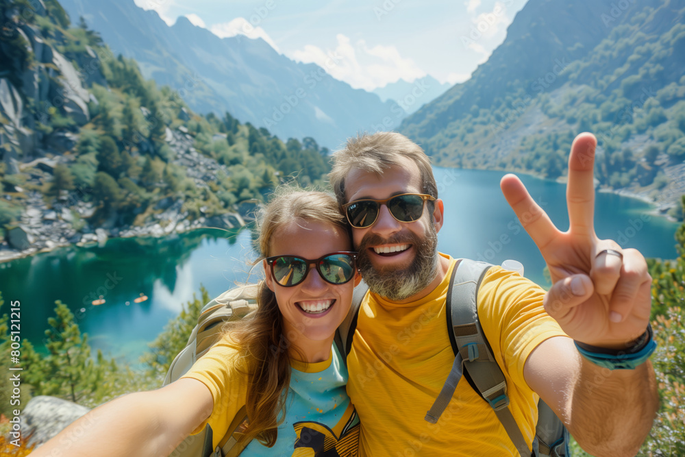 Happy couple taking a selfie photo while hiking in the mountains with a beautiful lake and mountain view. Happy couple taking a selfie photo while hiking in the mountains with a beautiful lake and mountain view.