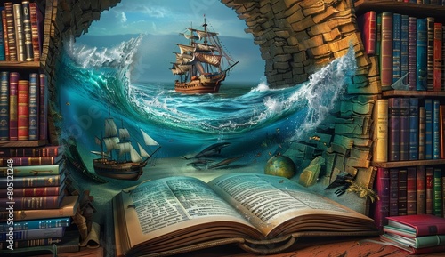 An illustration of a book with a stormy sea scene with two old sailing ships battling the waves