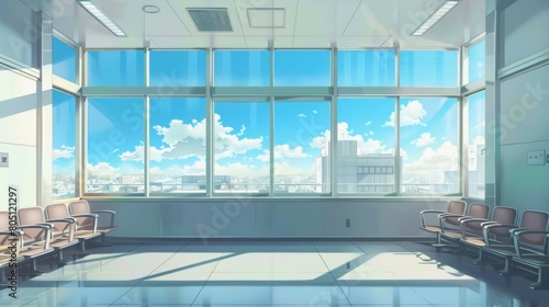 empty hospital waiting room with big windows and clear view to sunny blue sky