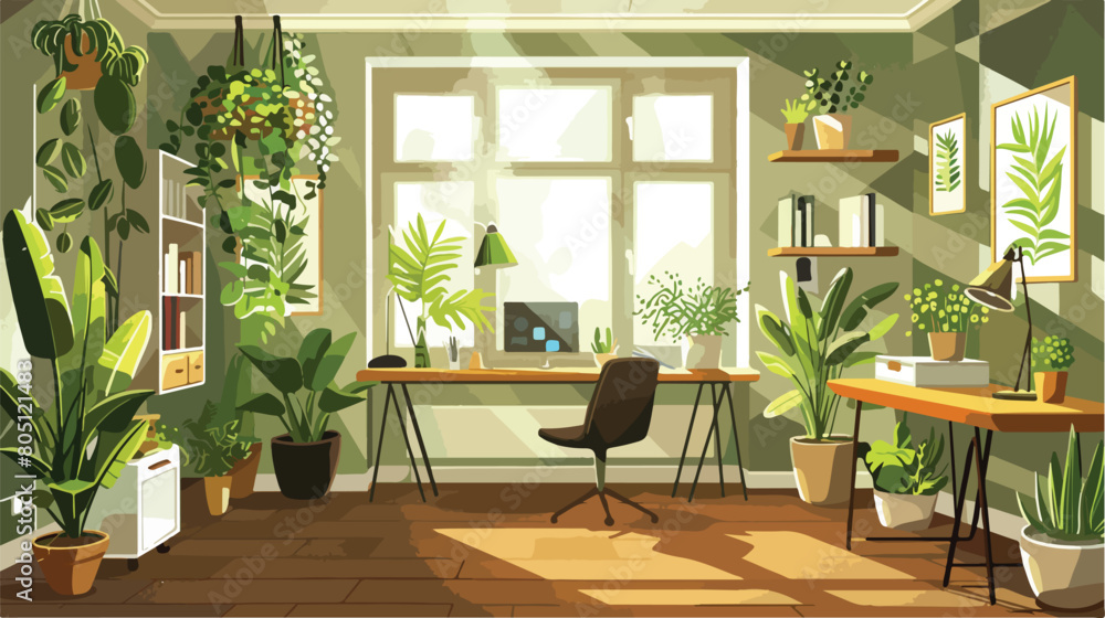 Interior of office with modern workplace and houseplant