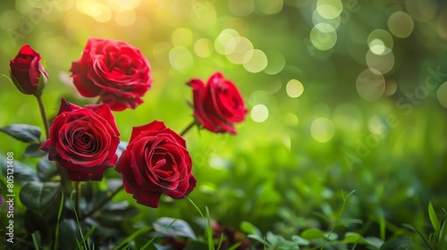 Red roses blooming in the green grass  bokeh background. Copy space.