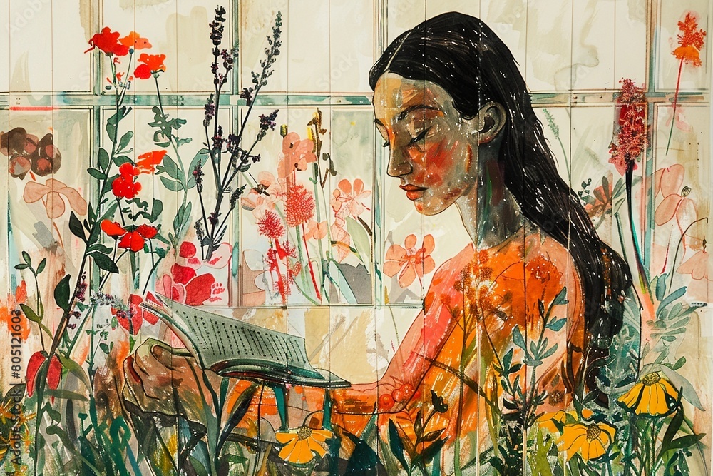 Fototapeta premium The intricate beauty of stained glass brings to life a mural of a woman reading, accompanied by the calming presence of lavender