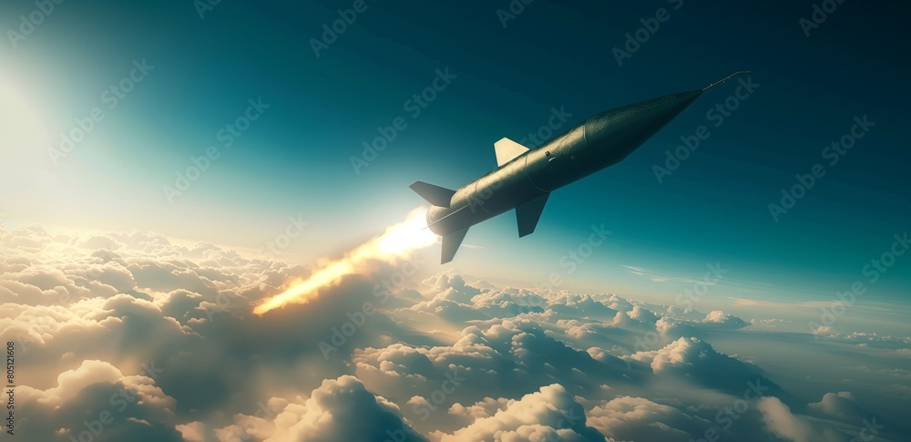 Fototapeta premium A military ballistic missile flying in the sky above the clouds.