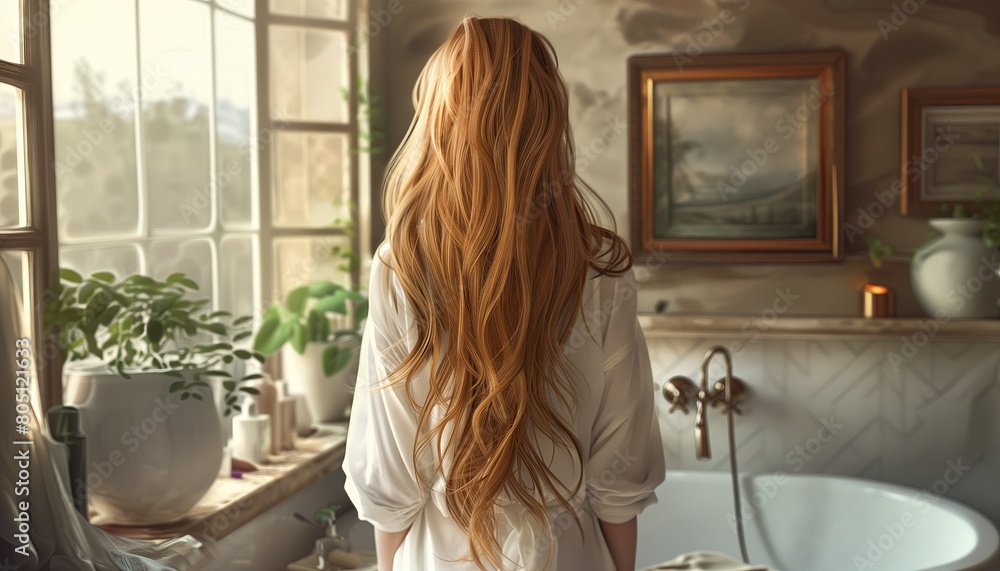 Hair style. Women's hair color. Beautiful long hair. Back view. White clothes, bathroom background, warm colors, Ultra-HD, ultra resolution Hair style. Women's hair color. Beautiful long hair. Back view. White clothes, bathroom background, warm colors, Ultra-HD, ultra resolution