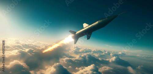 A military ballistic missile flying in the sky above the clouds. photo