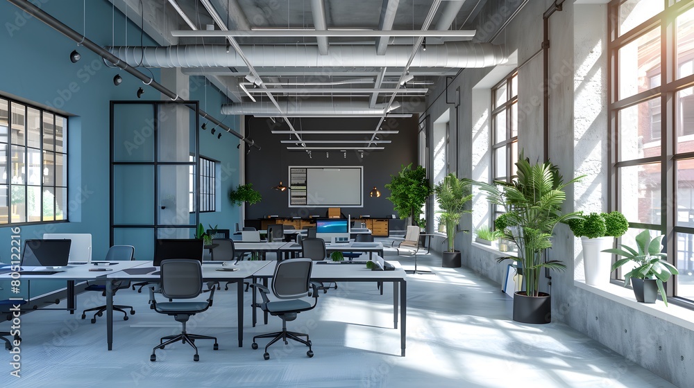 Contemporary Office Interior with White and Blue Open Space Design: Modern office space with natural light and green plants