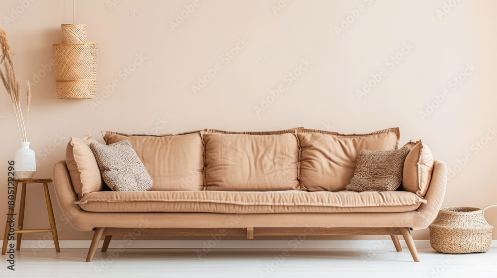 Minimalist home decor composition with a sofa and minimal elements. Interior design composition concept. Minimalist home decor composition with a sofa and minimal elements. Interior design composition concept.