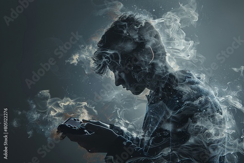 The soul is visualized as a game joystick silhouette, calmly situated within the silhouette of a person, suggesting a connection to technology and innovation 8K , high-resolution, ultra HD,up32K HD
