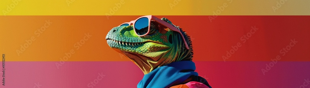 With a funloving attitude, a TRex wears sunglasses and hiphop inspired clothing, proving that even dinosaurs have style