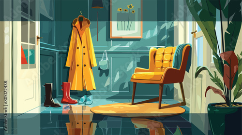 Interior of stylish hall with raincoats gumboots  photo