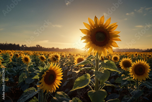 A field of sunflowers turns its golden face to the sun. 