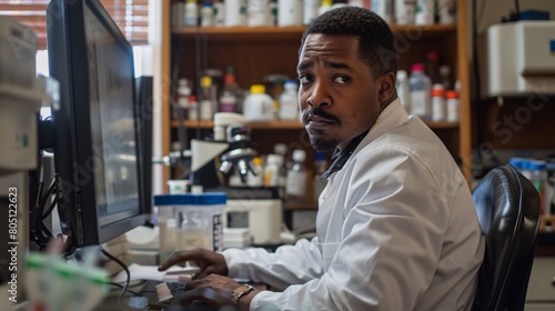 Black scientist at a computer, developing software for medical diagnostics, showcasing diversity and tech's role in healthcare.