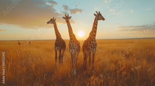 Giraffes Towering Above the Grasslands  Their Graceful Forms Adding a Touch of Serenity to the Endless Horizon