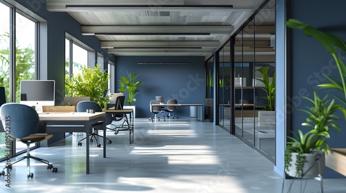 Contemporary Office Interior with White and Blue Open Space Design: Modern office space with sleek design and lush greenery