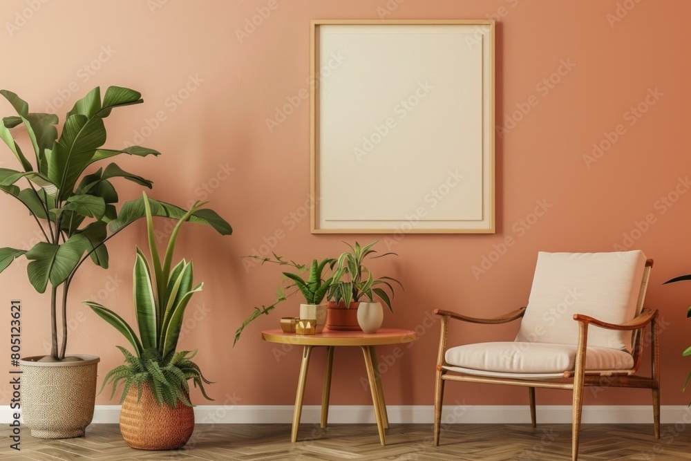 Retro interior design of living room with stylish vintage chair and table, plants, cacti, personal accessories and gold mock up poster frame on the beige wall. Retro interior design of living room with stylish vintage chair and table, plants, cacti, personal accessories and gold mock up poster frame on the beige wall.