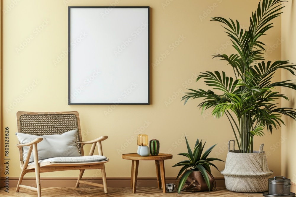 Retro interior design of living room with stylish vintage chair and table, plants, cacti, personal accessories and gold mock up poster frame on the beige wall. Retro interior design of living room with stylish vintage chair and table, plants, cacti, personal accessories and gold mock up poster frame on the beige wall.