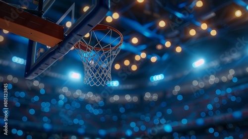 Dramatic Basketball Scoring Moment Illuminated by Stadium Lights in an Electrifying Arena Atmosphere