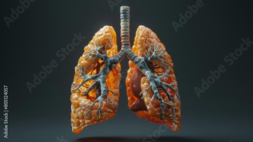 3D illustration of human lungs with detailed alveoli and bronchial tubes.