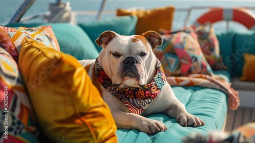 Bulldog lounging on a yacht, its colorful bandana fluttering in the sea breeze, capturing luxury travel during Pride celebrations.