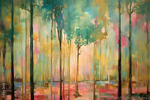 Fototapeta Naklejka Na Ścianę i Meble -  hopeful forest nestled in farmhouse, abstract landscape art, painting background, wallpaper