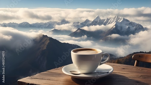 a coffee cup on a table overlooking the mountains, a café above the clouds