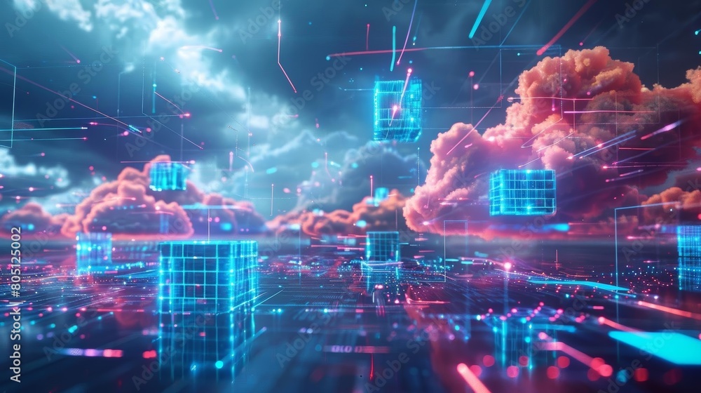 A digital landscape with a blue and pink color scheme. There are several blue and pink cubes floating in the air. The background is a dark blue sky with light blue clouds. A digital landscape with a blue and pink color scheme. There are several blue and pink cubes floating in the air. The background is a dark blue sky with light blue clouds.