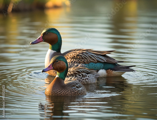 two teal In the river, Generate AI Fishing Bird