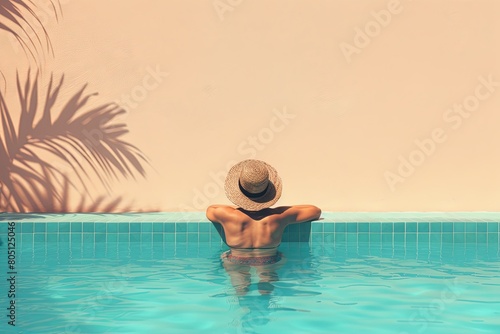 A woman with a hat enjoys the liquid nature of a swimming pool under azure skies