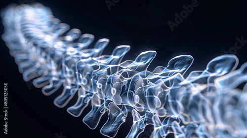 3D illustration of human spine. Blue translucent vertebrae on black background.
