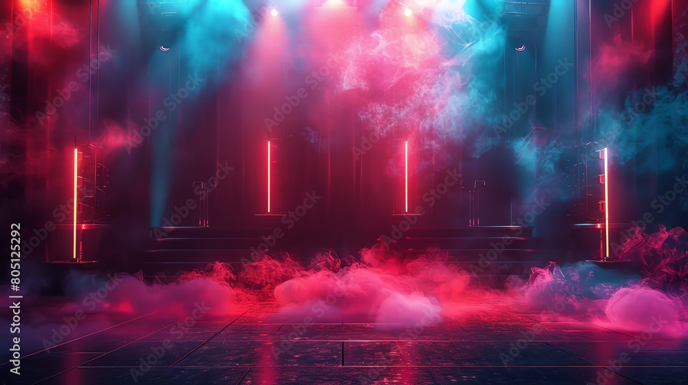 A concert stage with dramatic lighting and smoke effects, conveying the ...