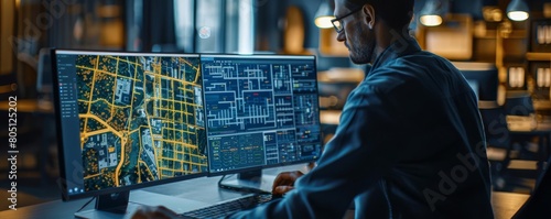 City planner using GIS software in dark mode to design sustainable urban developments, emphasizing precision and environmental considerations, in a municipal office