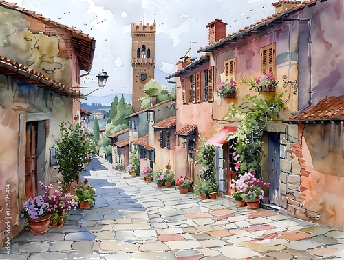 Florence streets with windows and houses and flowers in watercolor style