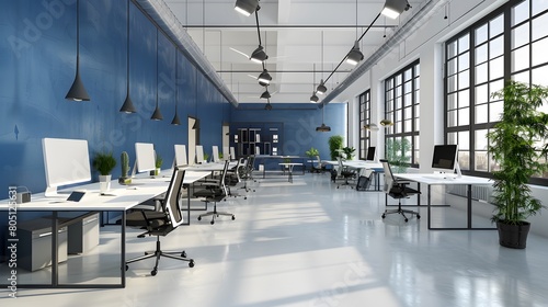 Contemporary Office Interior with White and Blue Open Space Design: Spacious modern office with blue walls and natural light