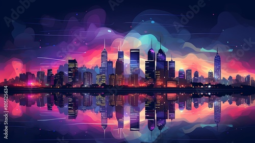 Colorful vector illustration of a city skyline at night, featuring skyscrapers and illuminated buildings, for urban-themed designs.