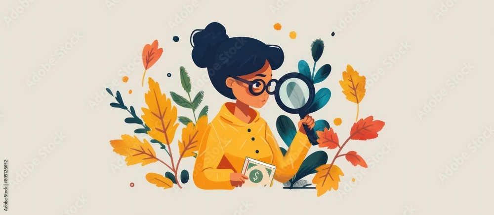 Minimalistic Flat Design of a Trendy Teenager Examining Money through a Glass Magnifier