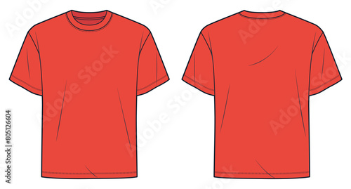 Basic T-Shirt fashion flat tehnical drawing template. Unisex T-Shirt technical fashion illustration, relaxed fit, front and back view, red, women, men, unisex CAD mockup set.