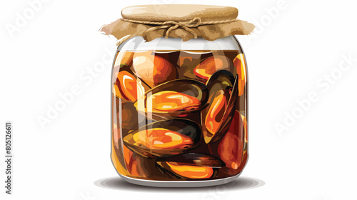 Jar with pickled mussels on white background Vector style