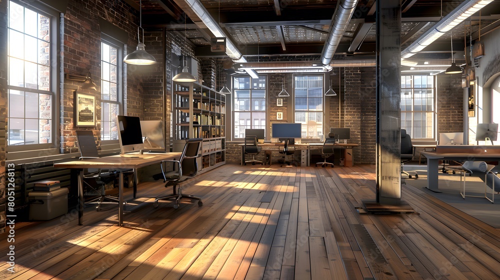 Modern Loft-Style Office Space: Sunlit loft office with industrial charm