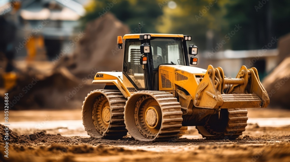 Empty bulldozer sitting at a construction site, detailed focus on the machinery and its robustness, Empty bulldozer sitting at a construction site, detailed focus on the machinery and its robustness,